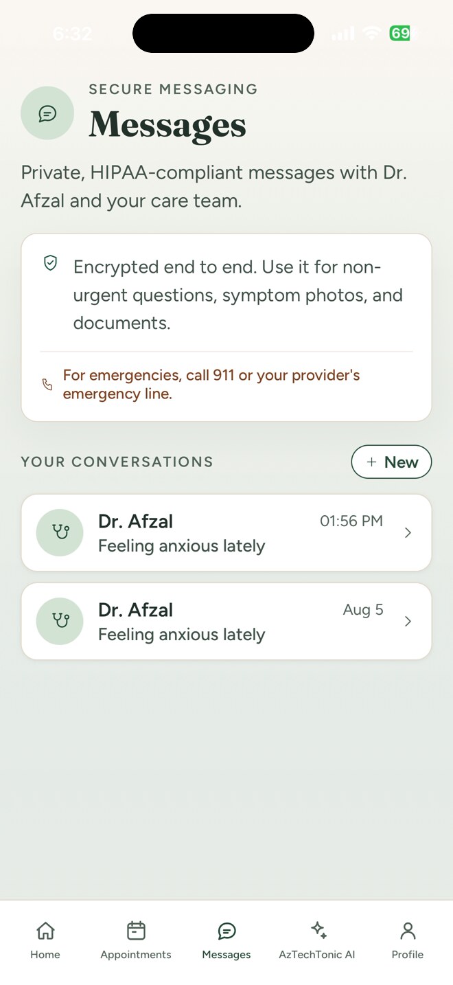 TeleTonicMD app — secure messaging with Dr. Afzal